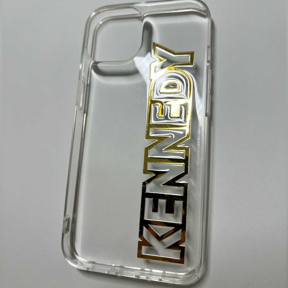 NWT Bauble Bar iPhone 13 Clear/Chrome Gold Customized Name Case “KENNEDY”